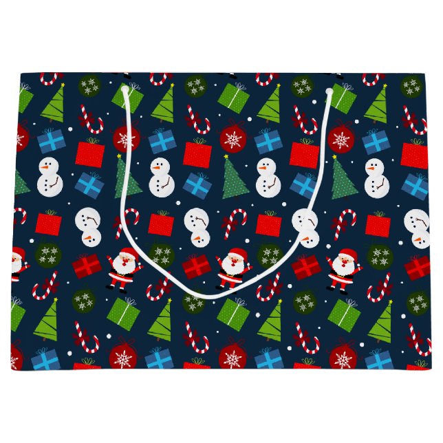 Cute Blue Christmas Santa & Snowman Pattern Large Gift Bag (Front)