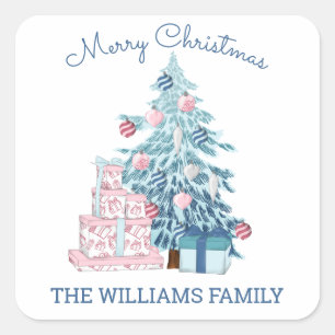 Cute Blue Christmas Tree Merry Christmas Square Sticker