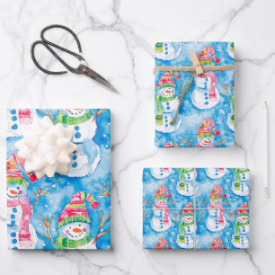 Cute Blue Christmas Watercolor Snowman Wrapping Paper Sheet