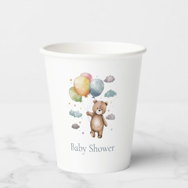 Cute blue classic teddy bear baby shower  paper cups (Front)