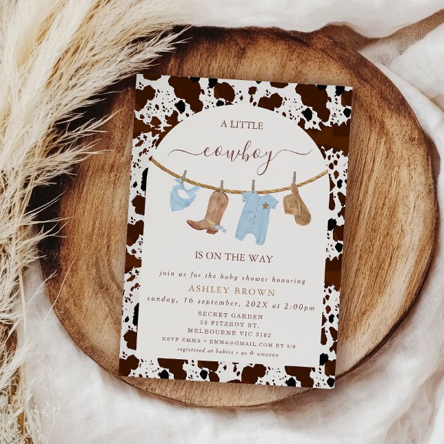 Cute Blue Clothesline Cow Print Cowboy Baby Shower Invitation (Cowboy Baby Shower Invitation Template, Cow Print Cowboy Baby Shower Invitation, Western Clothesline)