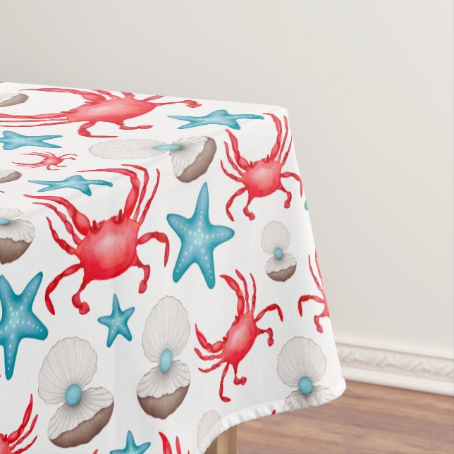 Cute Blue Coastal Seaside Crab & Shell Pattern Tablecloth (In Situ)