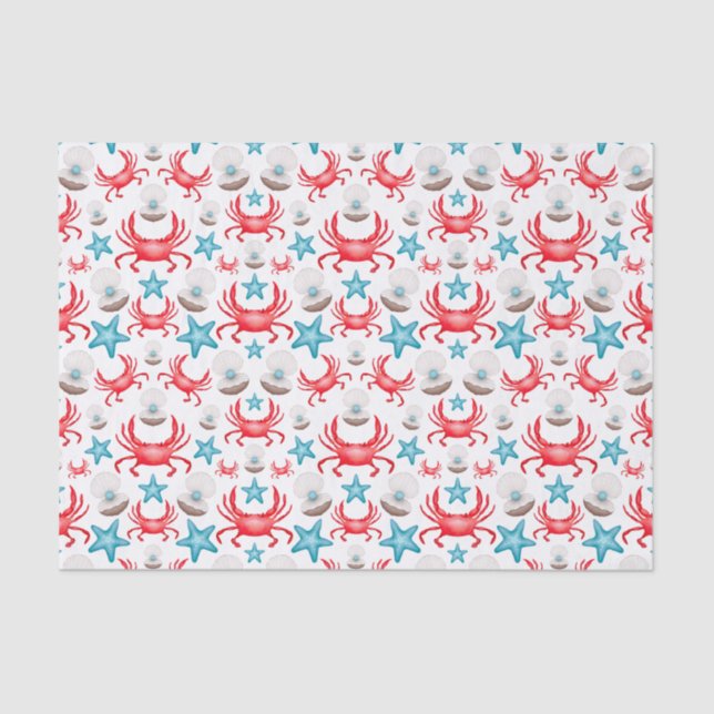 Cute Blue Coastal Seaside Crab & Shell Pattern Tissue Paper (Front)