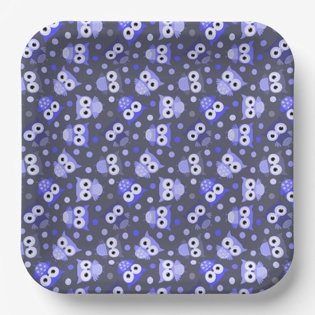 Cute blue colourful owl pattern paper plate (Front)