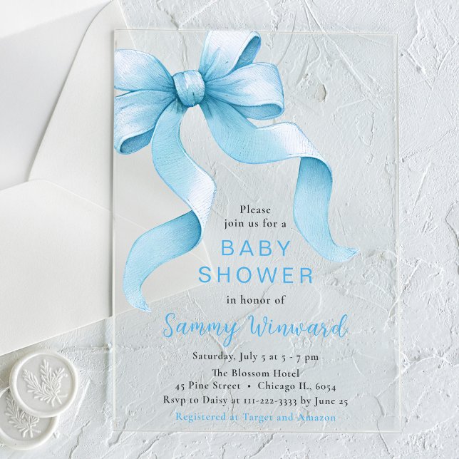 Cute Blue Coquette Bow Baby Shower Acrylic Invitations (Creator Uploaded)