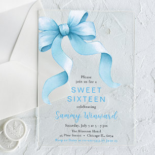 Cute Blue Coquette Bow Sweet Sixteen Acrylic Invitations