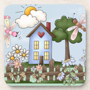 Cute Blue Country House Set of 6 Coaster