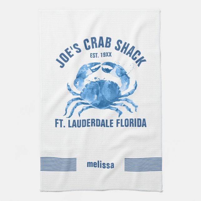 Cute Blue Crab Hand Watercolors Illustration Tea Towel (Vertical)