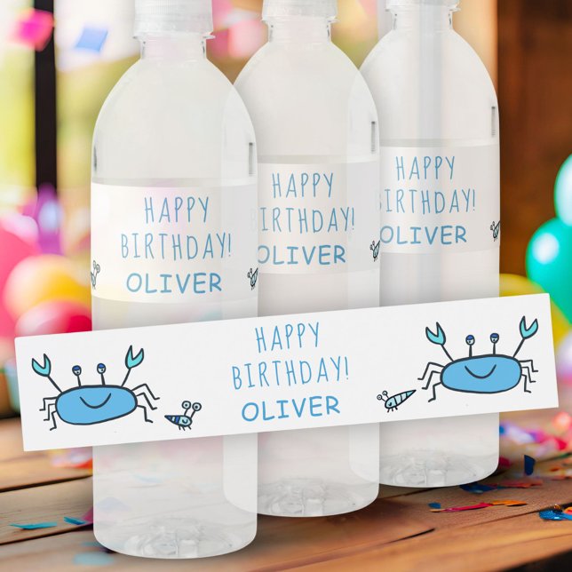 Cute Blue Crab Sea Animals Boy Happy Birthday Water Bottle Label (Creator Uploaded)