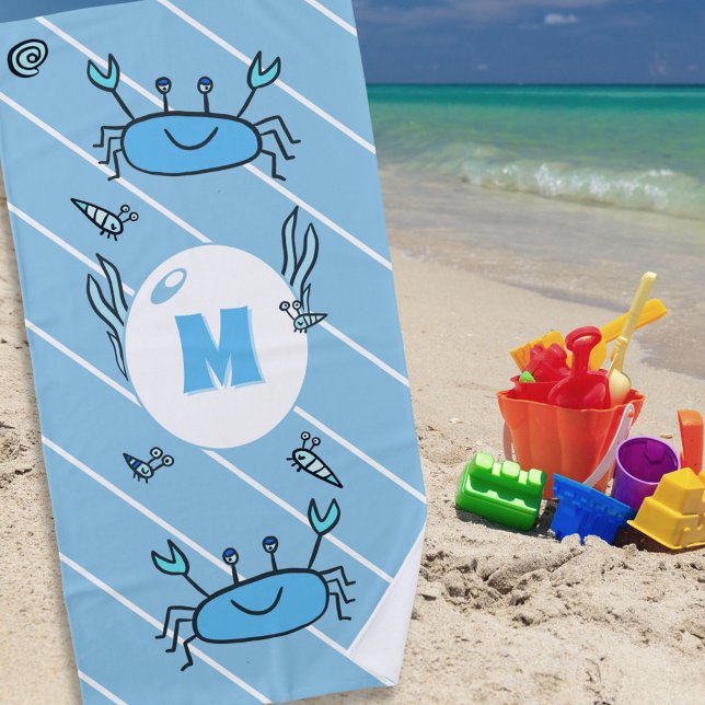 Cute Blue Crab Sea Animals Kids Monogram Beach Tow Beach Towel (Creator Uploaded)