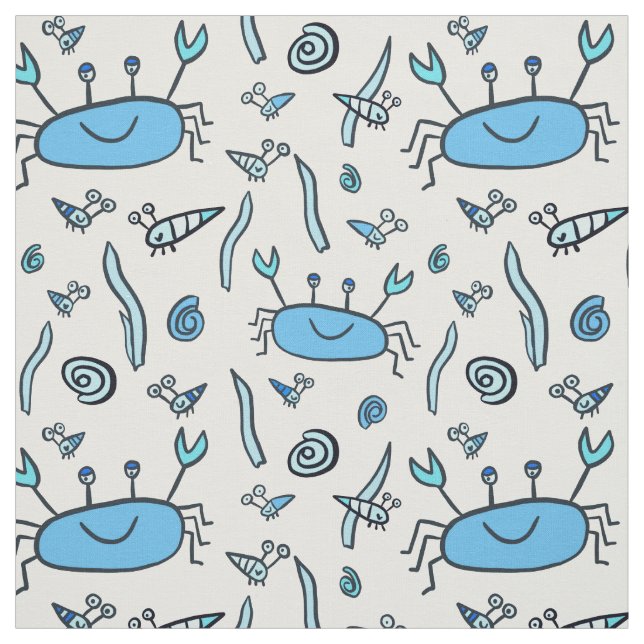 Cute Blue Crabs Sea Animals Shell Pattern Kids Fabric (Swatch)