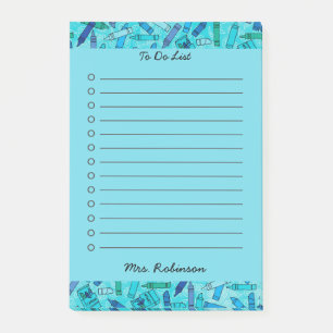 Cute Blue Crayon Teacher To Do List White 4 x 6 Post-it Notes