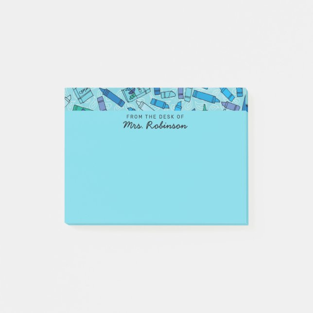Cute Blue Crayons Teacher From the Desk of 4x3 Post-it Notes (Front)