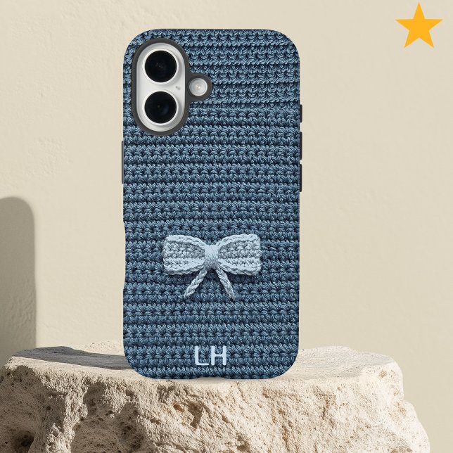 Cute Blue Crochet Bow Yarn Custom Name Case-Mate iPhone Case (Creator Uploaded)