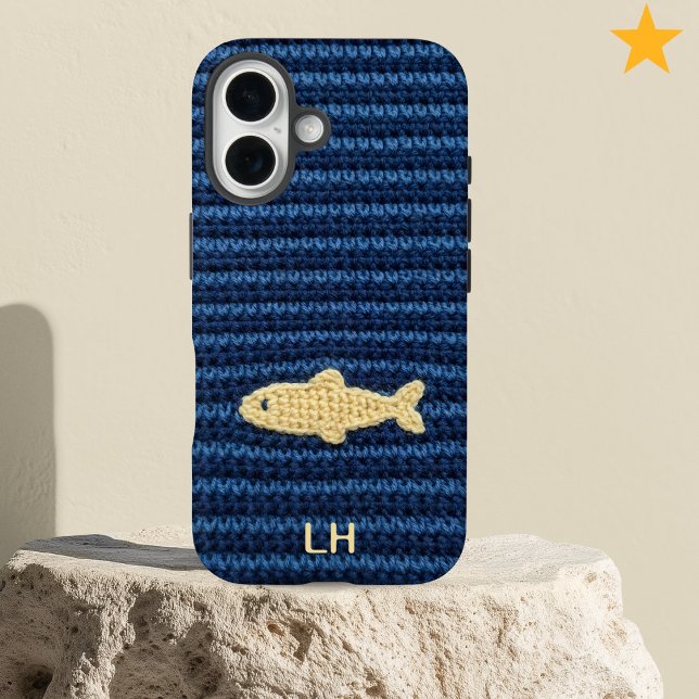 Cute Blue Crochet Fish Yarn Custom Name Case-Mate iPhone Case (Creator Uploaded)