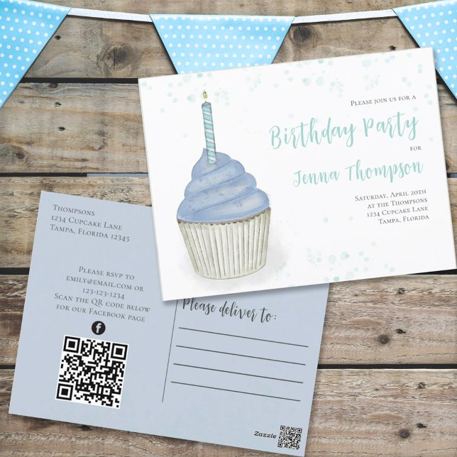 Cute Blue Cupcake QR Code Social Media Whimsical Postcard (Creator Uploaded)