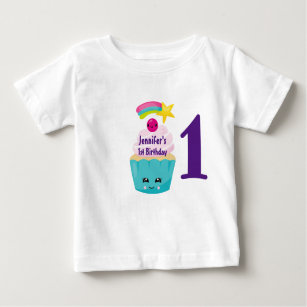Cute Blue Cupcake with Kawaii Face 1st Birthday Baby T-Shirt