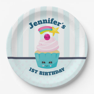 Cute Blue Cupcake with Kawaii Face Birthday Paper Plate