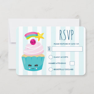 Cute Blue Cupcake with Kawaii Face Birthday RSVP Card