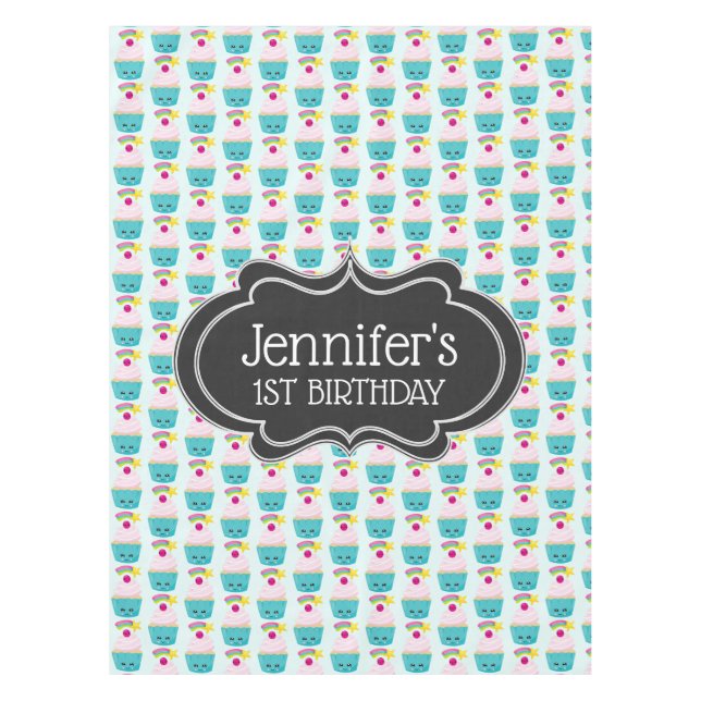Cute Blue Cupcake with Kawaii Face Birthday Tablecloth (Front)