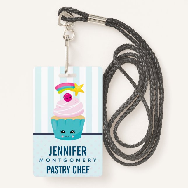 Cute Blue Cupcake with Kawaii Face ID Badge (Front with Lanyard)