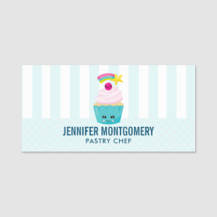 Cute Blue Cupcake with Kawaii Face Name Tag