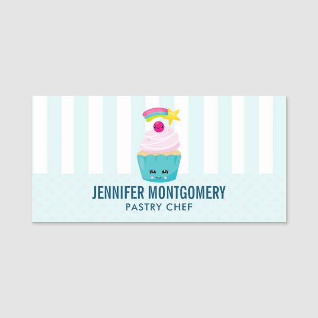 Cute Blue Cupcake with Kawaii Face Name Tag (Front)