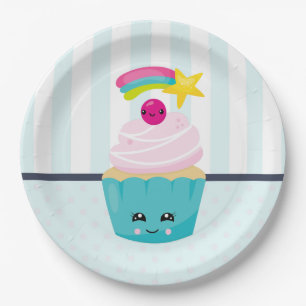 Cute Blue Cupcake with Kawaii Face Paper Plate