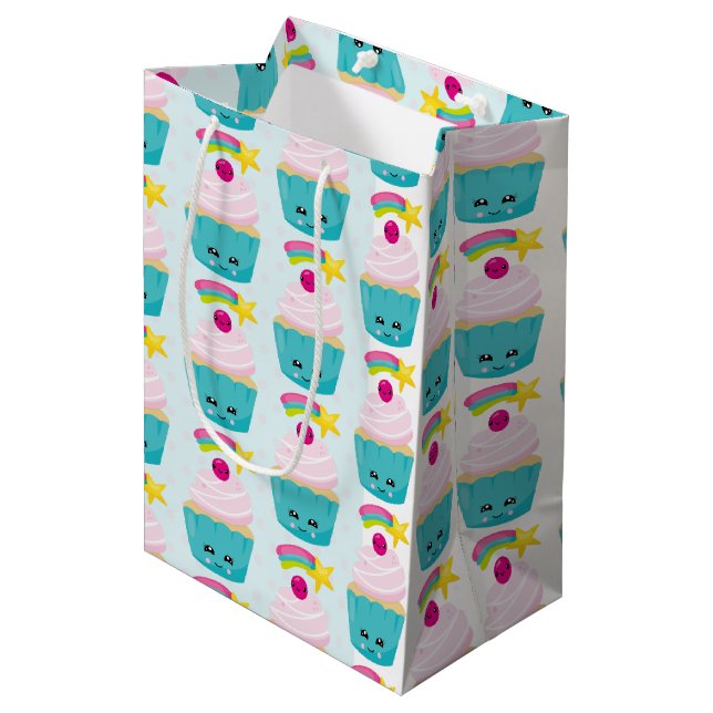 Cute Blue Cupcake with Kawaii Face Pattern Medium Gift Bag (Front Angled)