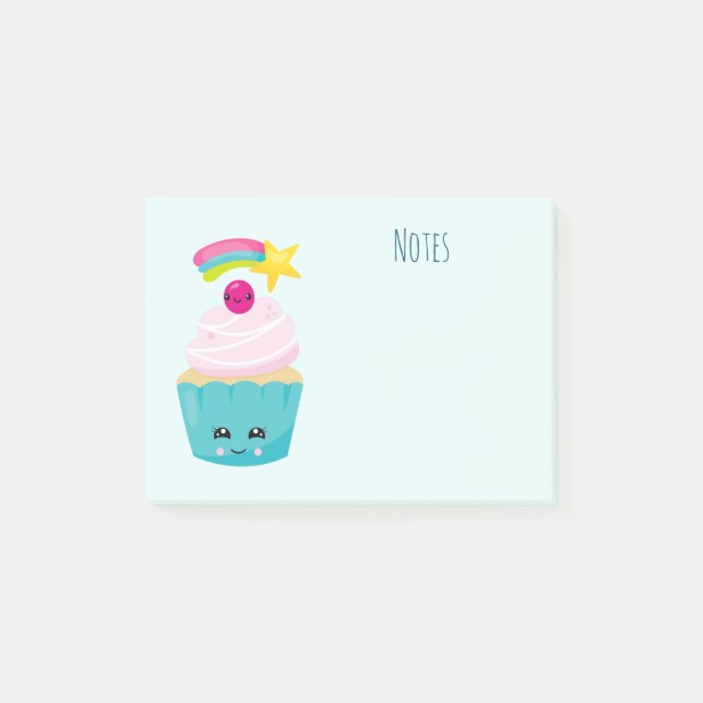 Cute Blue Cupcake with Kawaii Face Post-it Notes (Front)