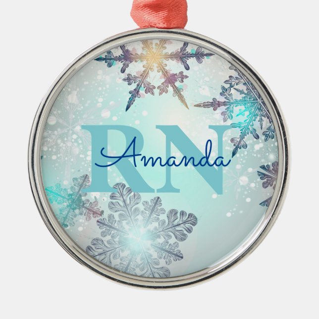 Cute Blue Custom Personalized Name RN Nurse Metal Ornament (Front)