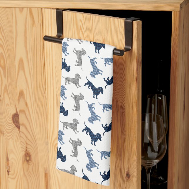Cute Blue Dachshunds in Damask Tea Towel (Thirds Fold)