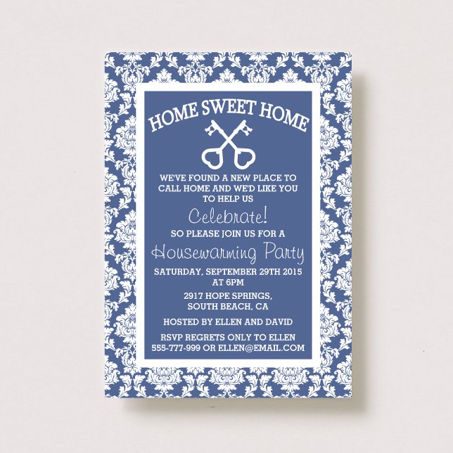 Cute Blue Damask Home Sweet Home Housewarming Invitation (Creator Uploaded)