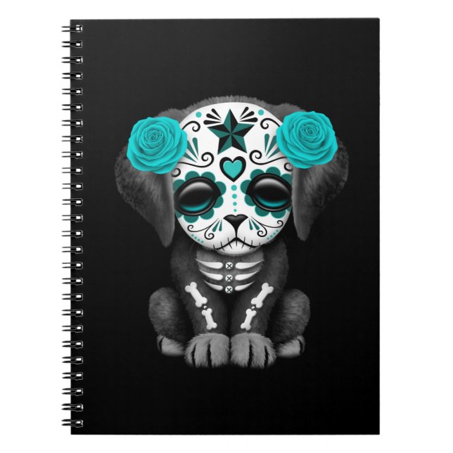 Cute Blue Day of the Dead Puppy Dog Black Notebook (Front)