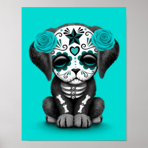 Cute Blue Day of the Dead Puppy Dog Poster