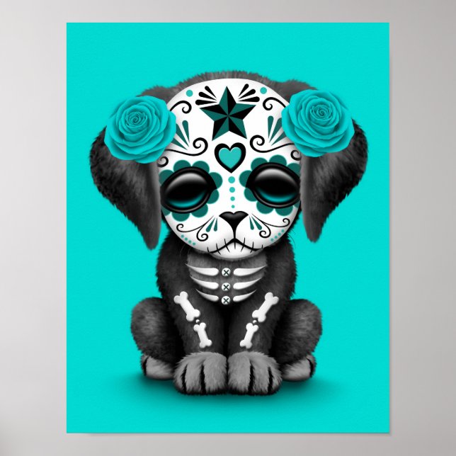 Cute Blue Day of the Dead Puppy Dog Poster (Front)