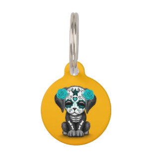 Cute Blue Day of the Dead Puppy Dog Yellow Pet Tag