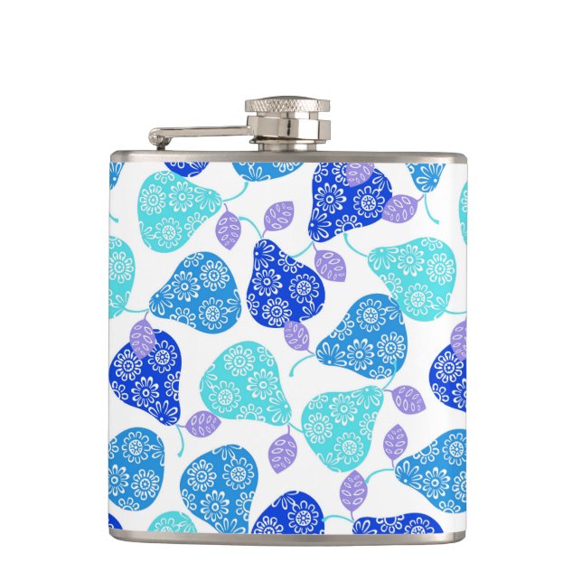 Cute blue decorative pears pattern hip flask (Front)