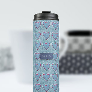 Cute Blue Denim Heart Patchwork Thermal Tumbler