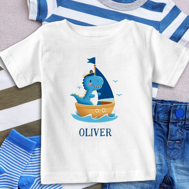 Cute Blue Dino Boat Captain Baby T-Shirt (Creator Uploaded)