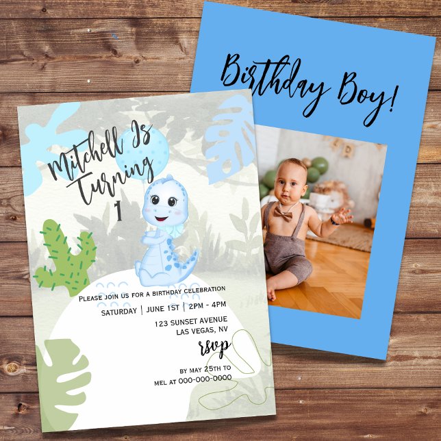 Cute Blue Dinosaur Balloon First Birthday Photo Invitation (Creator Uploaded)