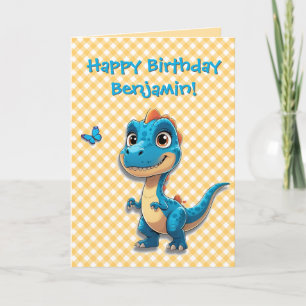 Cute Blue Dinosaur Birthday Card for Kids 