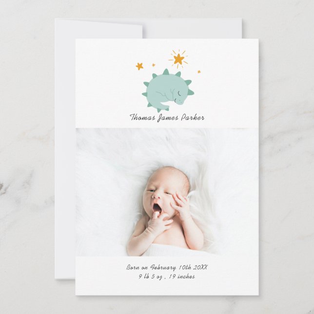 Cute Blue Dinosaur Boy Baby Photo Birth Announcement (Front)