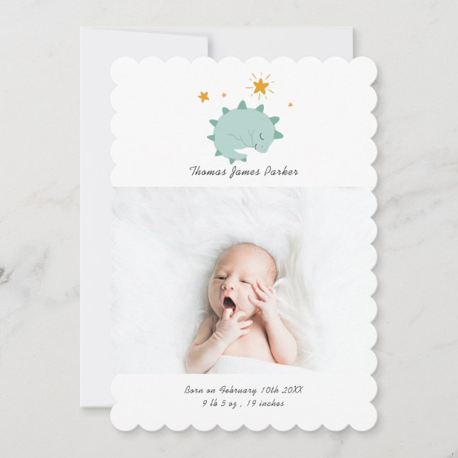 Cute Blue Dinosaur Boy Baby Photo Birth Announcement (Front)