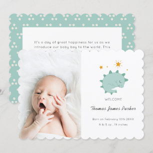 Cute Blue Dinosaur Boy Baby Photo Birth Announcement