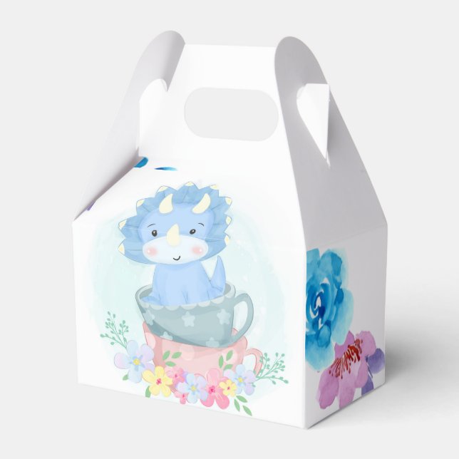 Cute Blue Dinosaur Inside Teacups Boy Baby Shower Favour Box (Front Side)