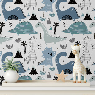 Cute Blue Dinosaur Nursery Kids Room Wallpaper