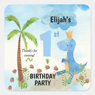 Cute Blue Dinosaur Palm Tree 1st Birthday  Square  Square Sticker