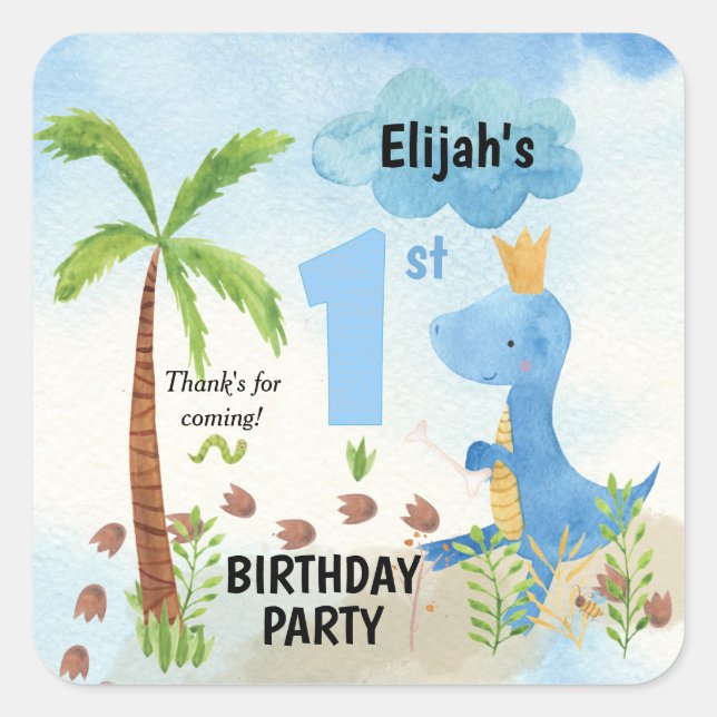 Cute Blue Dinosaur Palm Tree 1st Birthday  Square  Sticker (Front)