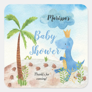 Cute Blue Dinosaur Palm Tree Boy Baby Shower Square Sticker